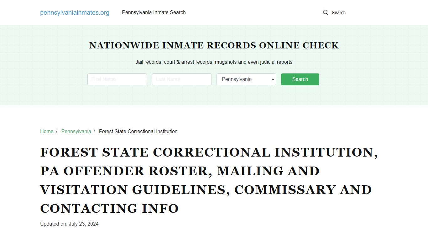 Forest State Correctional Institution, PA: Inmate Search, Visitation ...